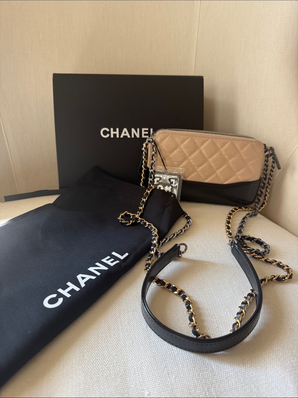 CHANEL Gabrielle aged calfskin Leather Crossbody Clutch w/ two tone chain Strap
